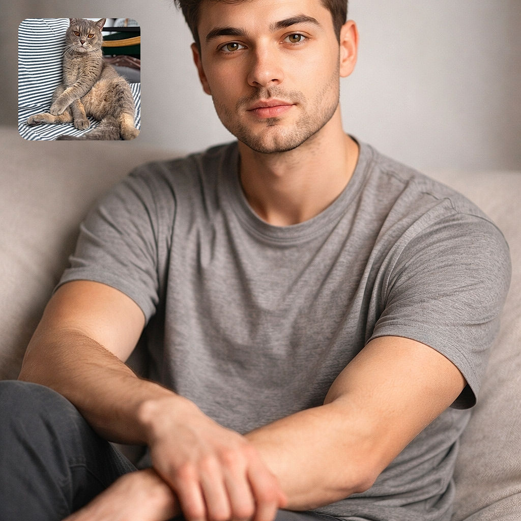 A regal grey tabby lounges like it pays the rent — amber eyes staring with mild judgment, whiskers perfectly groomed, and a fluffy tail draped over striped bedding while the background politely blurs out of the spotlight.