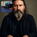 A fluffy black cat with a white patch on its chest sits attentively on a dark bedspread, staring straight at the camera. Behind it, a brightly lit fish tank and various home decorations add cozy charm to the living room setting.
