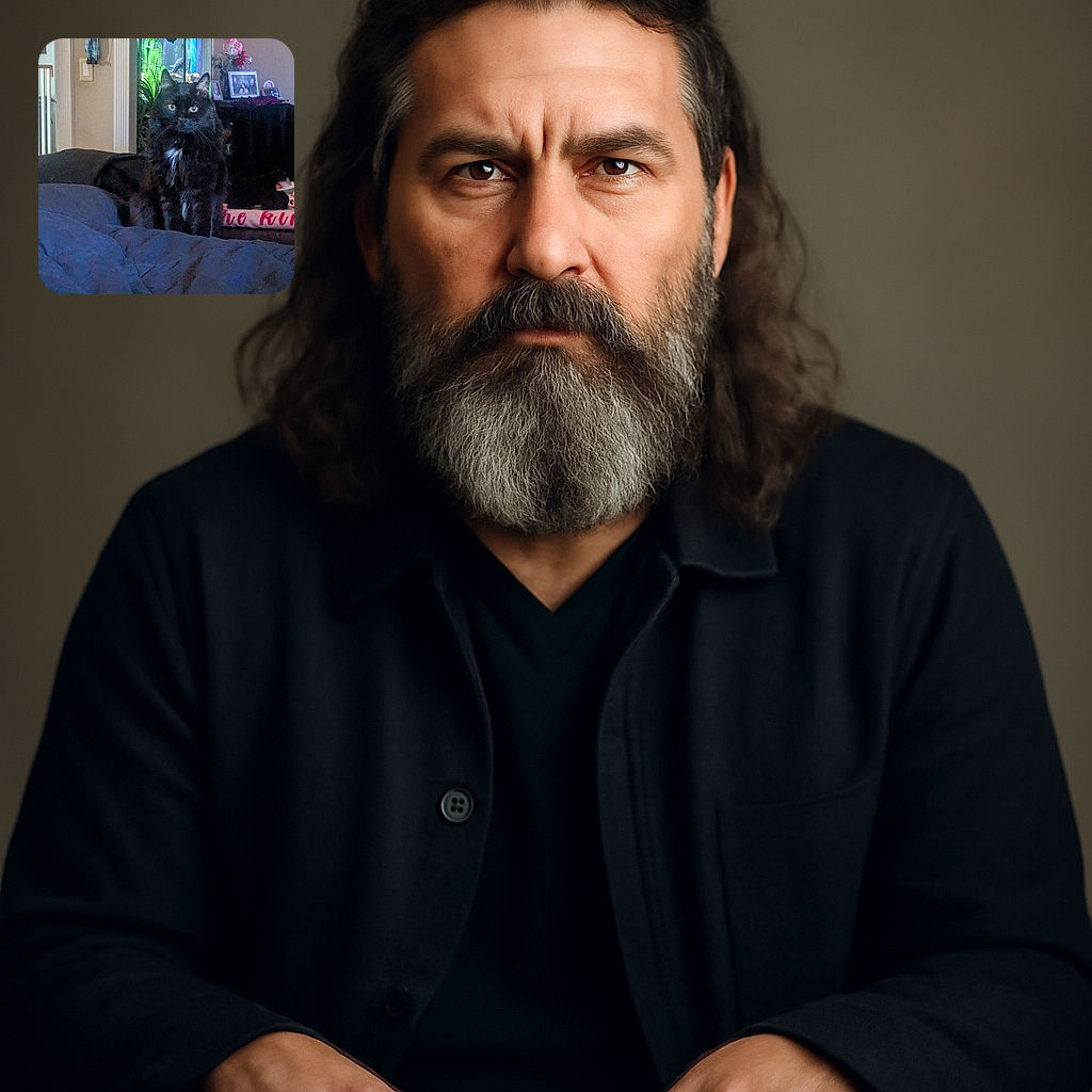 A fluffy black cat with a white patch on its chest sits attentively on a dark bedspread, staring straight at the camera. Behind it, a brightly lit fish tank and various home decorations add cozy charm to the living room setting.