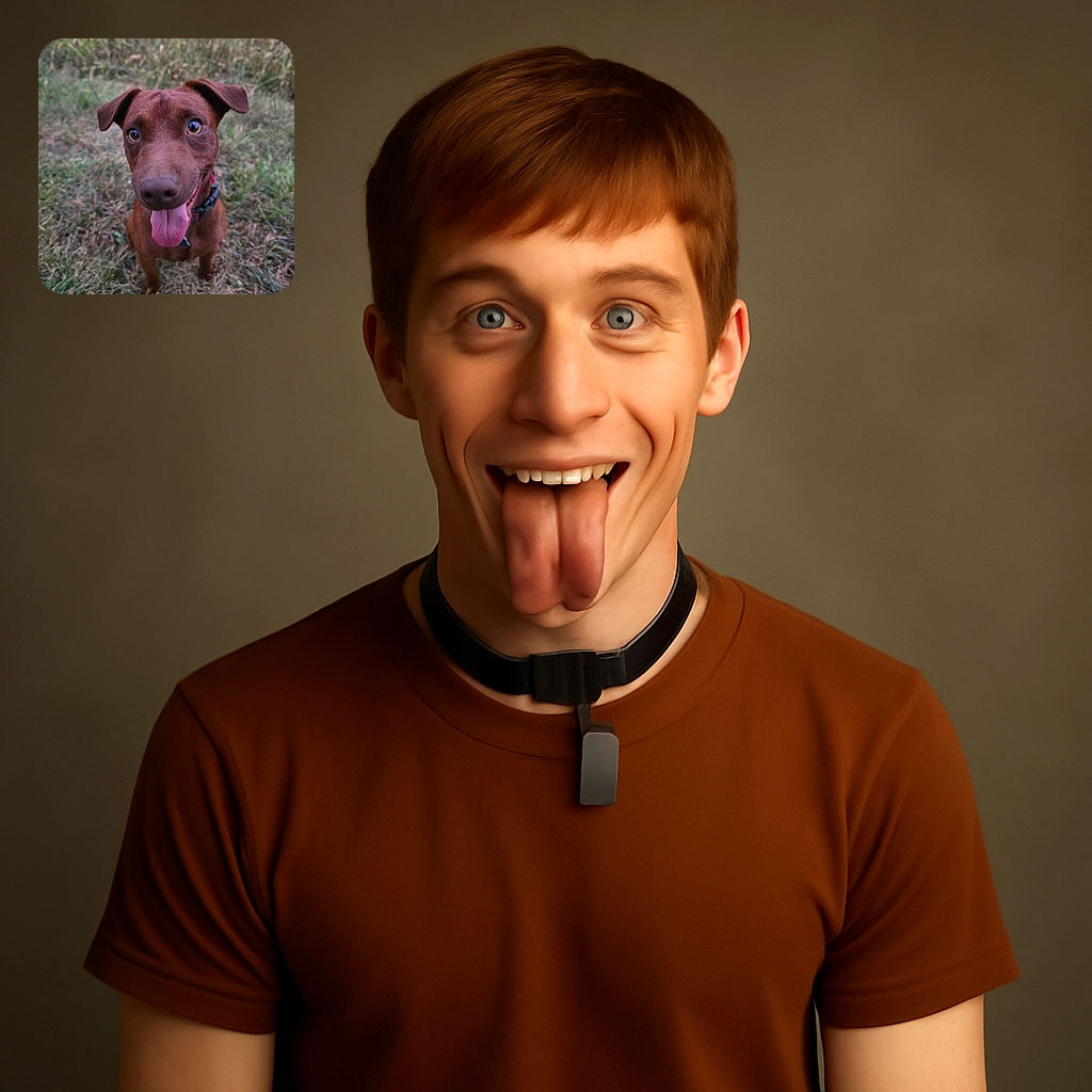 A close-up photo of a happy brown dog sitting on grass with its tongue out, looking eagerly at the camera with bright, expressive eyes and floppy ears.