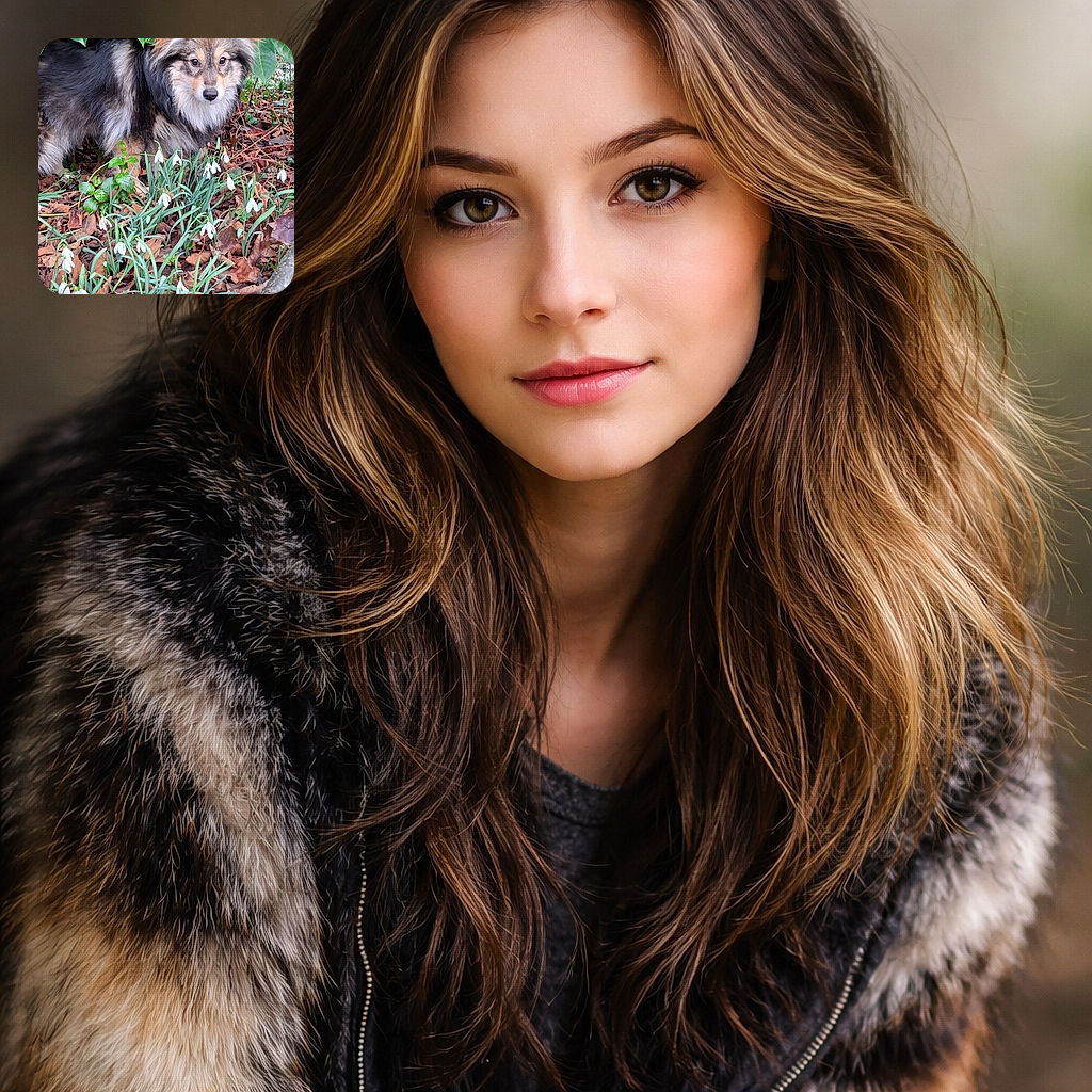 A fluffy, fox-faced dog peeking out from under glossy green leaves like it's auditioning for 'Best Garden Napping Extra' — surrounded by delicate snowdrops and a carpet of crunchy leaves, it looks both regal and slightly guilty.