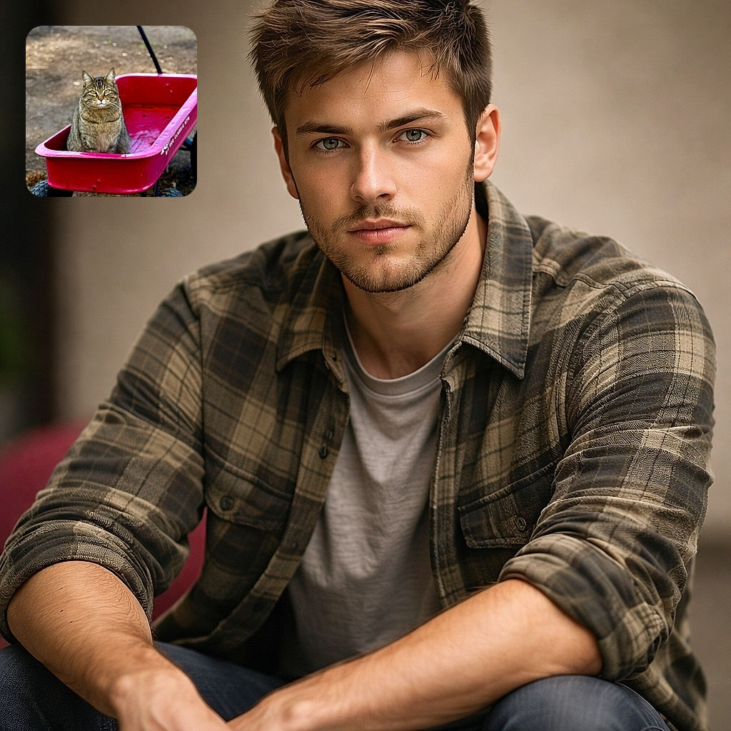 A serious-looking tabby cat sits poised inside a bright red wagon, ready for a stylish ride across the backyard dirt. The contrast between the cat's calm demeanor and the playful wagon creates a charming and amusing scene.