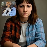 A close-up of an adorable beagle puppy stretching its paws forward on a wooden surface, with a curious and soulful gaze. The background shows a rustic wooden door and a blue plaid shirt partially visible, adding a cozy and homey vibe.