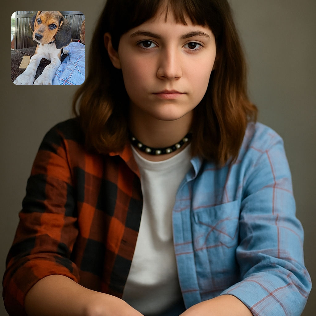 A close-up of an adorable beagle puppy stretching its paws forward on a wooden surface, with a curious and soulful gaze. The background shows a rustic wooden door and a blue plaid shirt partially visible, adding a cozy and homey vibe.