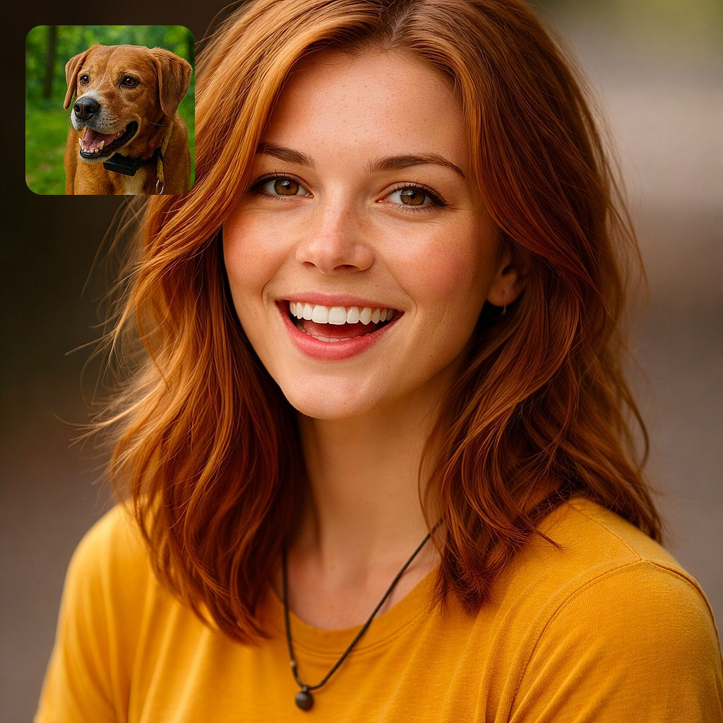 A cheerful brown dog flashes a wide, toothy grin with bright eyes and a wagging 'I9m ready to play' expression, wearing a collar and tracker; the soft-focus green woods in the background make it look like a canine superstar on an outdoor photoshoot.