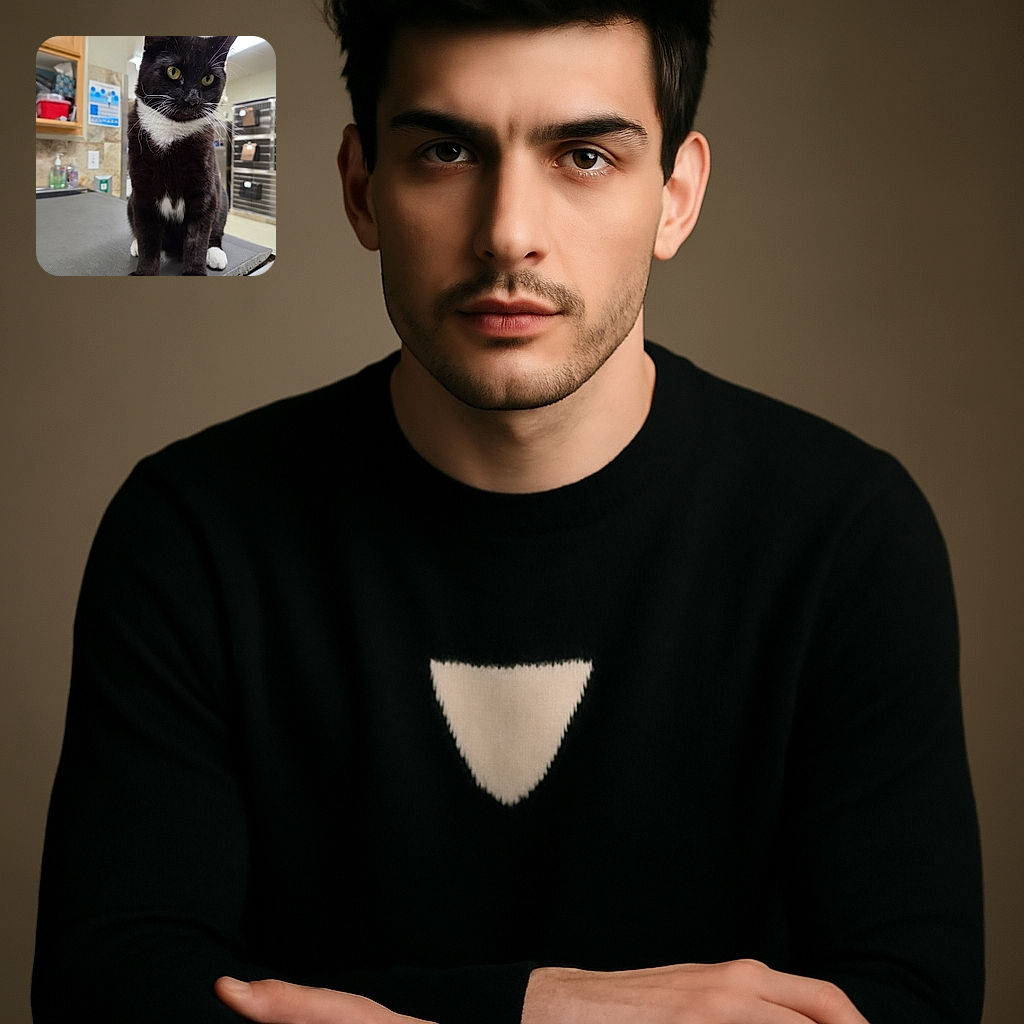 A curious tuxedo cat with bright green eyes sits on a textured surface in what appears to be a veterinary or clinical setting, with shelves and supplies in the background, giving an impression of a cat ready for a checkup or just plotting its next adventure.
