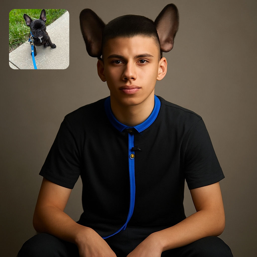 A cute black French Bulldog puppy with large ears sits attentively on a sidewalk next to green grass, wearing a bright blue leash and collar with a bone-shaped tag. The photo is focused on the puppy's face, capturing its curious and slightly serious expression.