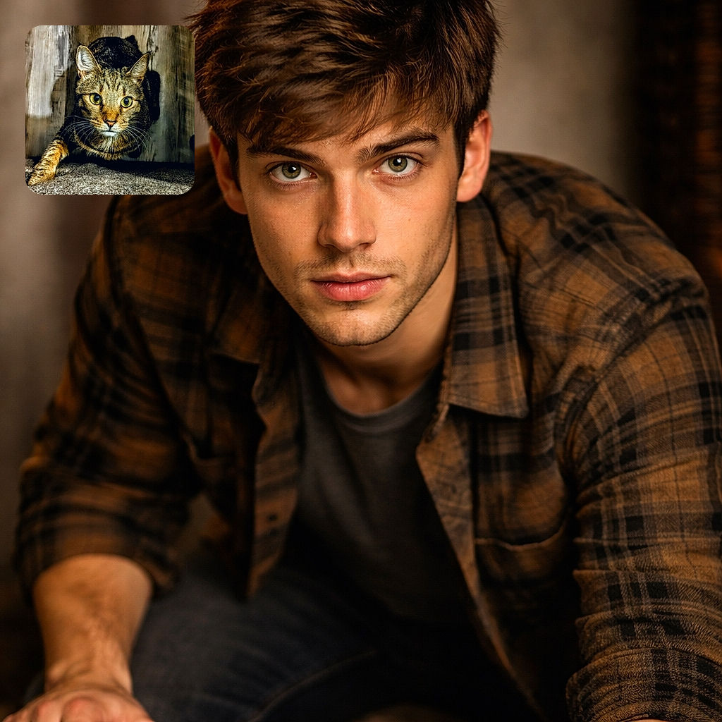 A focused tabby cat with striking yellow-green eyes is captured mid-step on a textured surface, with a rustic wooden background and a woven basket edge adding cozy ambiance.