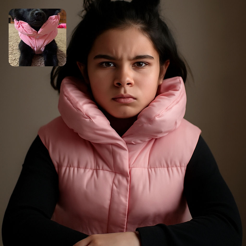 A fluffy black dog is lounging on a carpet, wearing a puffy pink jacket that looks comically oversized, giving off serious fashion model vibes while stretching out its front legs like it's ready for a cozy nap or a runway walk.