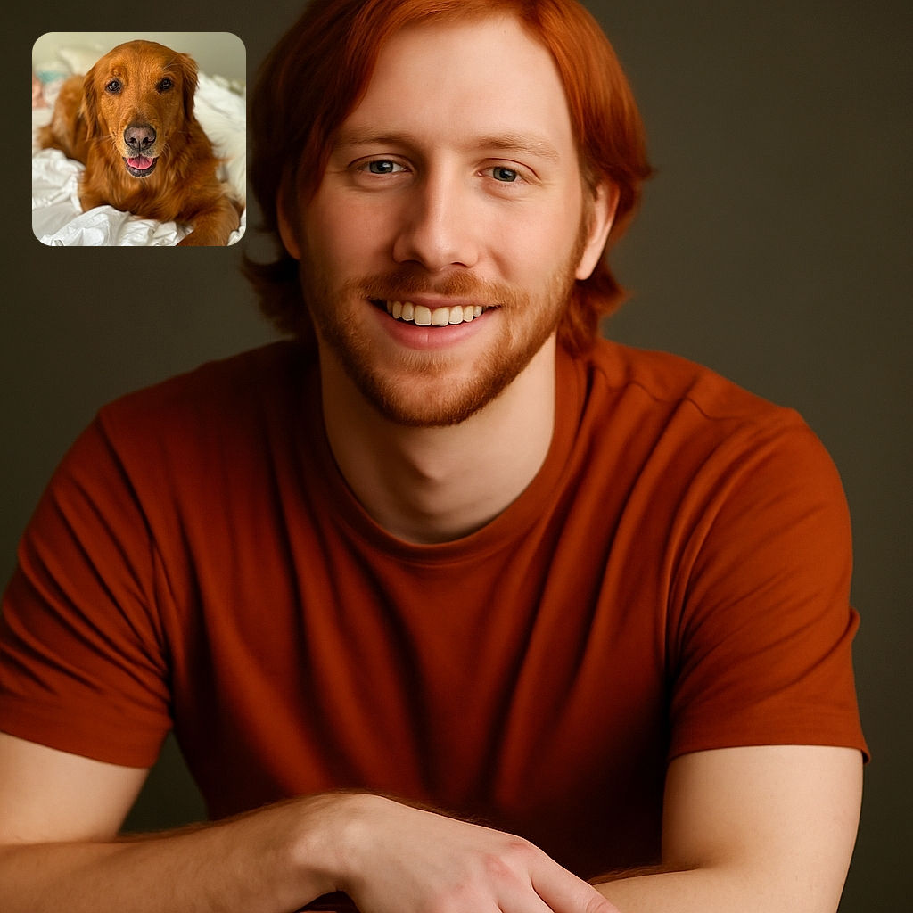 A charming golden retriever lounges comfortably on a bed with white sheets, looking directly at the camera with a happy expression and tongue slightly out, capturing a warm and cozy moment.