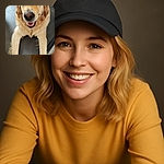 A cheerful golden retriever wearing a black cap looks directly at the camera with a happy, open-mouthed smile, paws stretched out on a dark surface, creating an adorable and playful vibe.