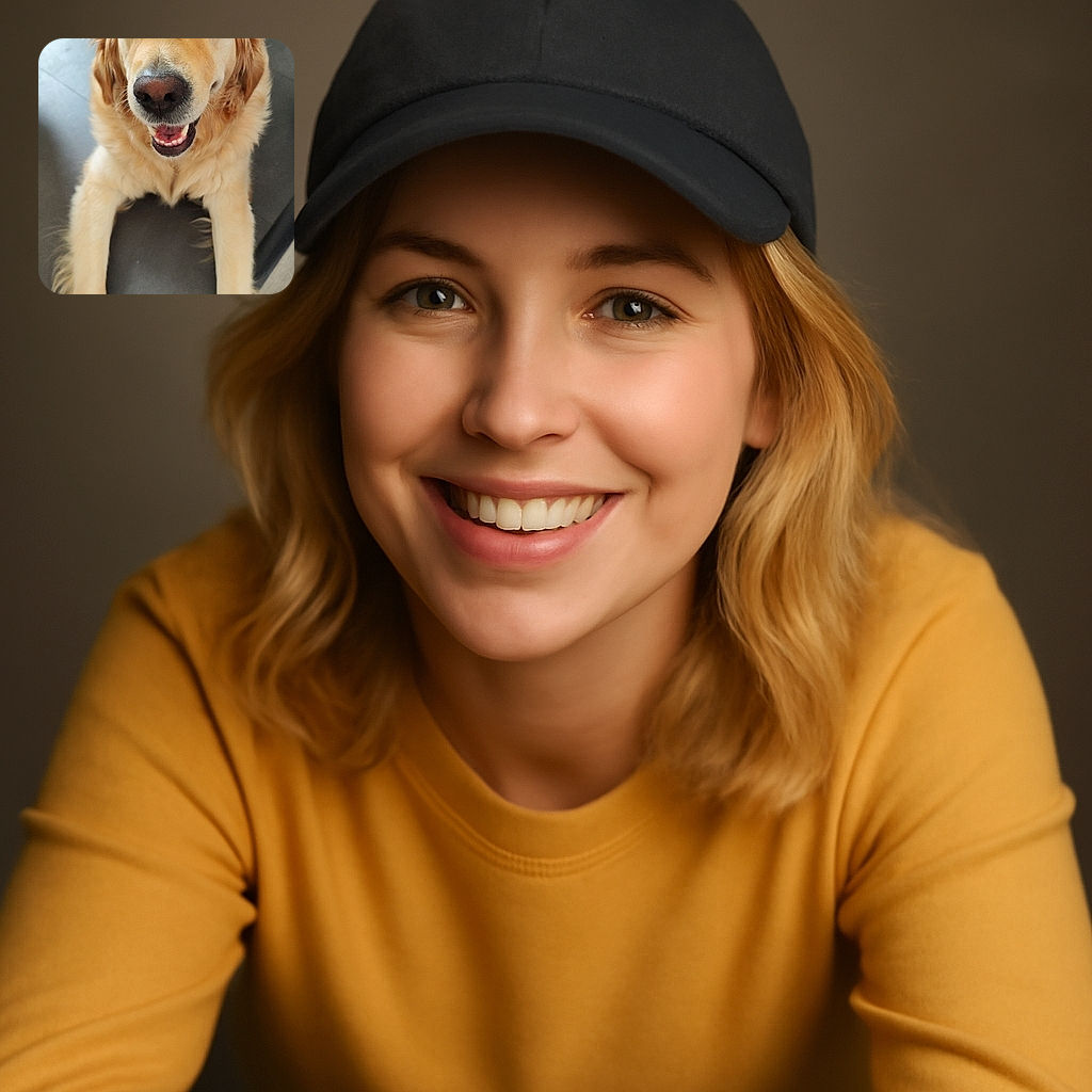 A cheerful golden retriever wearing a black cap looks directly at the camera with a happy, open-mouthed smile, paws stretched out on a dark surface, creating an adorable and playful vibe.