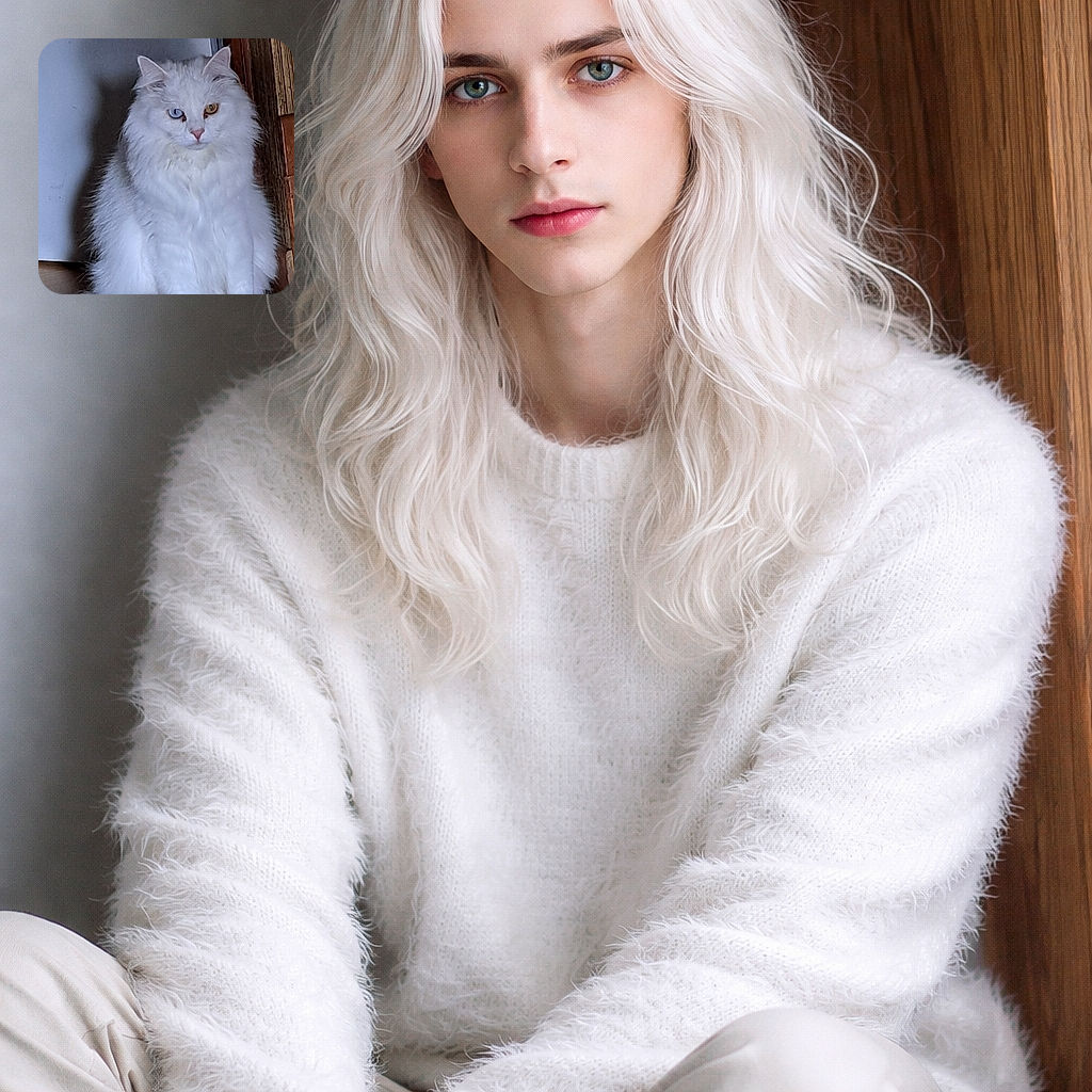 A majestic, overly fluffy white cat with stunning heterochromia (one blue eye, one amber) sits like royalty by a doorway — part model, part snowball. Its serious stare and ruff of fur make it look both judgmental and photogenic, as if it’s silently calculating whether you’ve earned more treats.