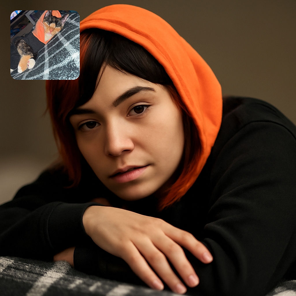 A cozy cat dressed in a tiny hoodie lounges comfortably on a soft, checkered blanket, looking slightly sleepy but undeniably adorable, with a TV and some household items blurred in the background.
