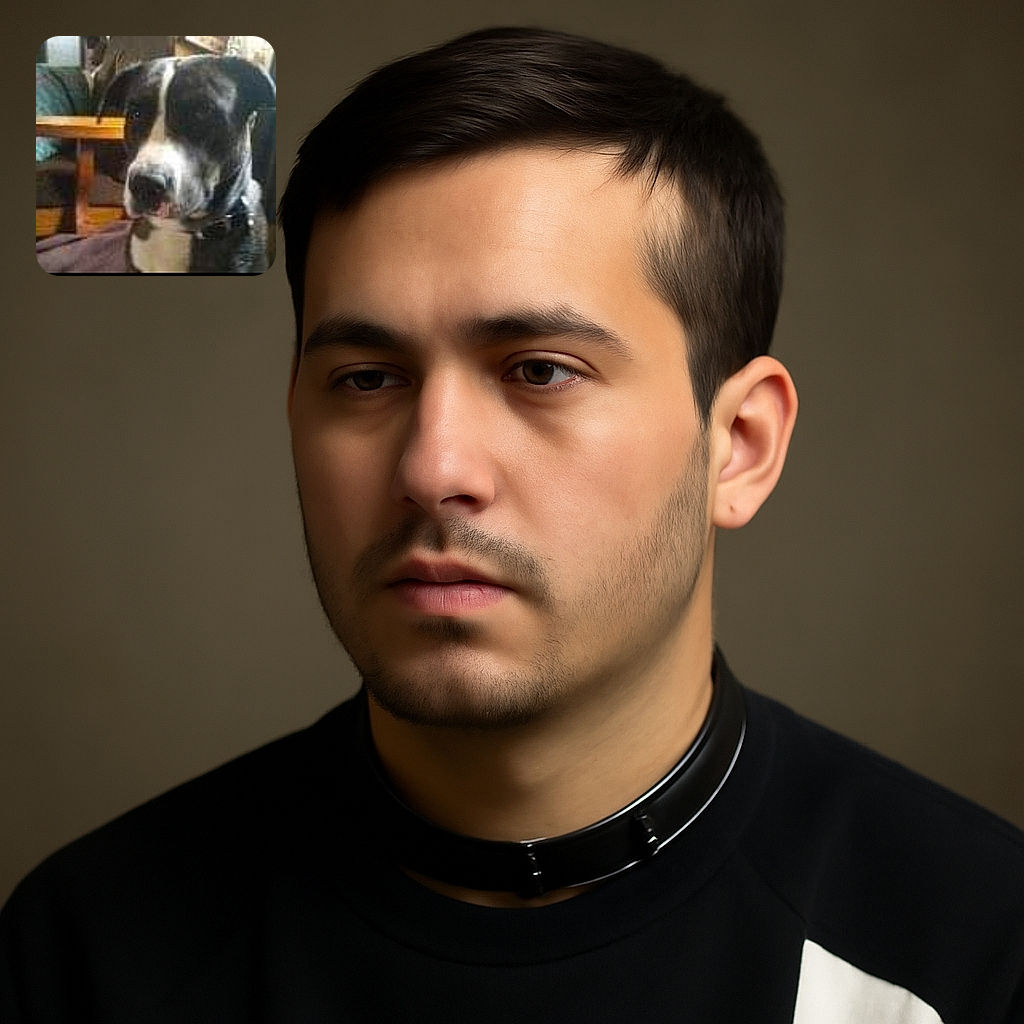 A blurry photo of a black and white dog sitting indoors with wooden furniture in the background. The image has a timestamp overlay at the top and some UI elements at the bottom, making it look like a casual snapshot taken from a phone gallery.