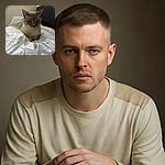 A serene cat with striking blue eyes lounges comfortably on a rumpled white blanket, casting a calm and contemplative gaze. The soft lighting and neutral background emphasize the cat's graceful posture and subtle fur patterns.
