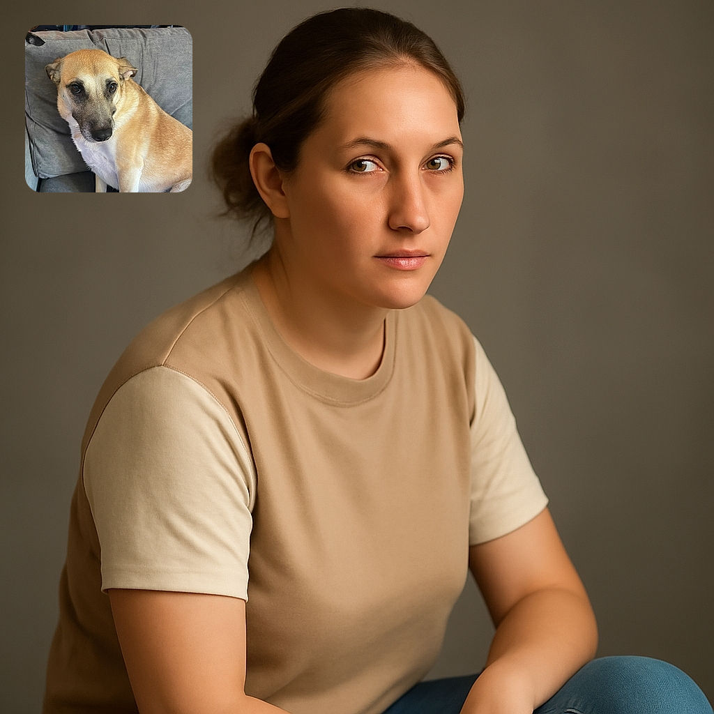 A thoughtful dog lounges on a gray couch, eyes wide and soulful, as if pondering the mysteries of the universe or just waiting for a treat. The cozy indoor setting includes a glimpse of laundry hanging in the background, adding a touch of everyday life charm.
