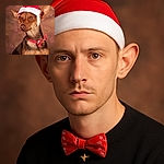A charming dog wearing a festive red and white Santa hat and a matching red bow tie with a bell, posing like a holiday model against a warm, softly blurred brown backdrop.