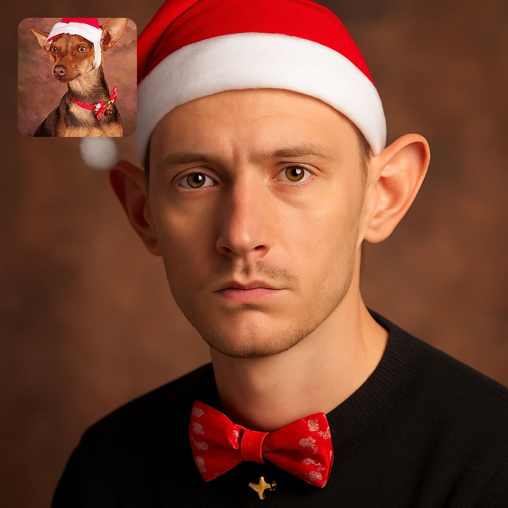 A charming dog wearing a festive red and white Santa hat and a matching red bow tie with a bell, posing like a holiday model against a warm, softly blurred brown backdrop.