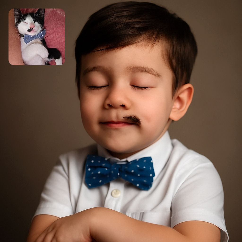 A charming black and white kitten snoozes peacefully, sporting a cute blue polka-dot bow tie, nestled comfortably against a person's arm and a soft pink fabric background.