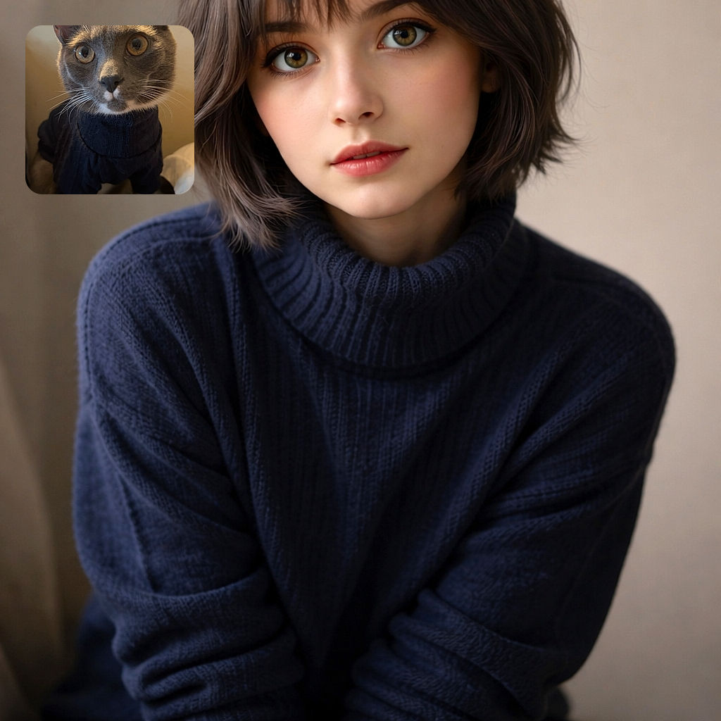 A dignified gray tuxedo cat wearing a tiny navy sweater stares straight into the camera like it just claimed ownership of the gaming controller at its paws — soft bedroom background, whiskers on full display, and an expression that says 'treats, now.'