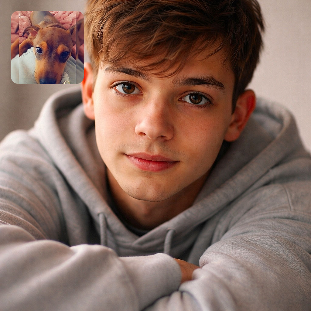 A pleading puppy close-up sprawled on a fluffy pink blanket, eyes full of mischief and a big wet nose begging for snacks — complete with a gold "love" sticker because obviously this pup is a heart thief.