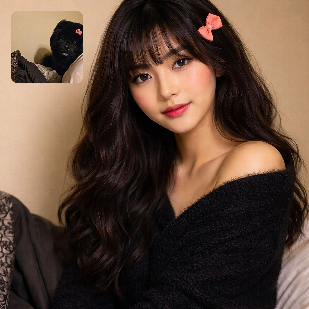 A fluffy black dog wearing a pink bow peeks over a pile of blankets on a bed, tongue playfully out and looking like it just heard the word 'treat' — beige wall background and cozy shadows complete the scene.