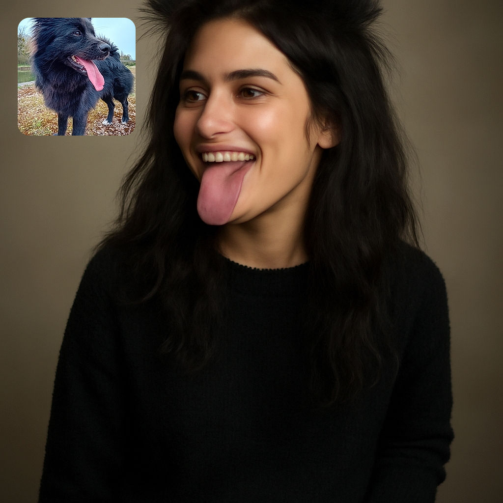 A fluffy black dog with a shiny coat stands outdoors on earthy ground, tongue playfully hanging out, looking off to the side with bright eyes and perked ears, capturing a joyful and lively moment in nature.