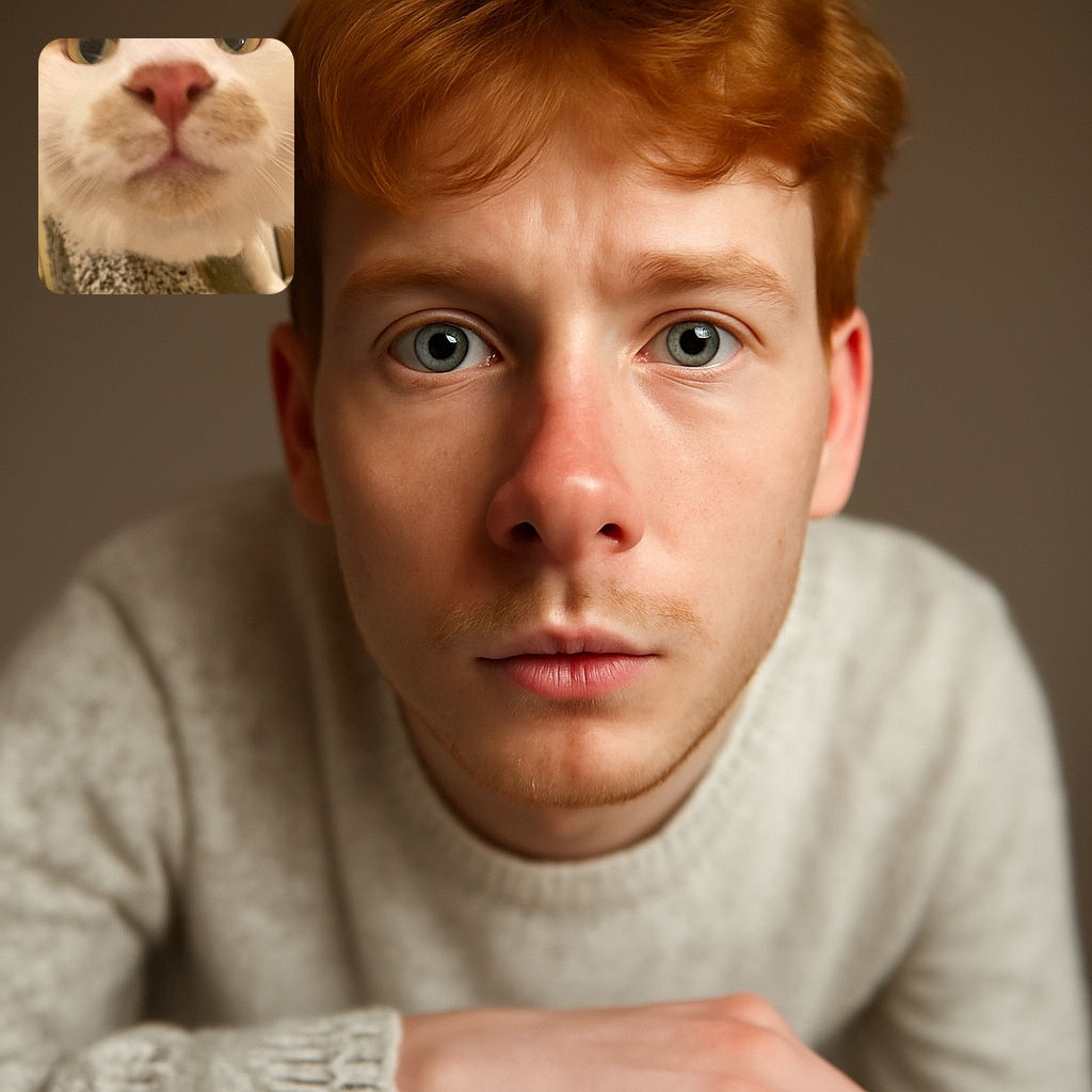 An extreme close-up of a curious cat's face, with its nose and eyes dominating the frame, creating a comical and slightly blurry perspective as if the cat is investigating the camera up close.