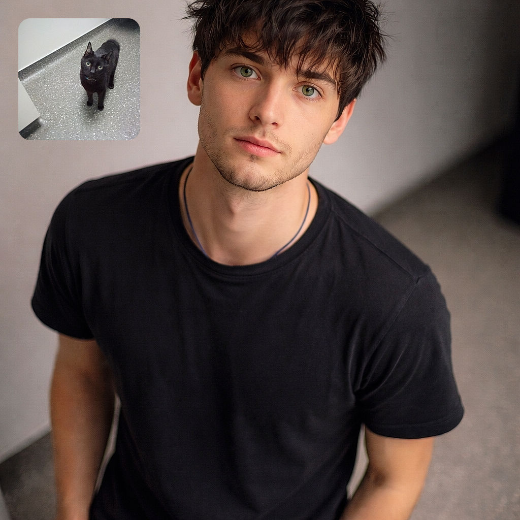 A curious black cat stares up at the camera with wide green eyes and a tiny collar, standing on a speckled linoleum floor in an indoor room. The shot is slightly tilted and a bit soft, giving it a candid, 'caught-in-the-act' vibe — like it was interrupted mid-mischief and is now plotting how to distract you with those whiskers.