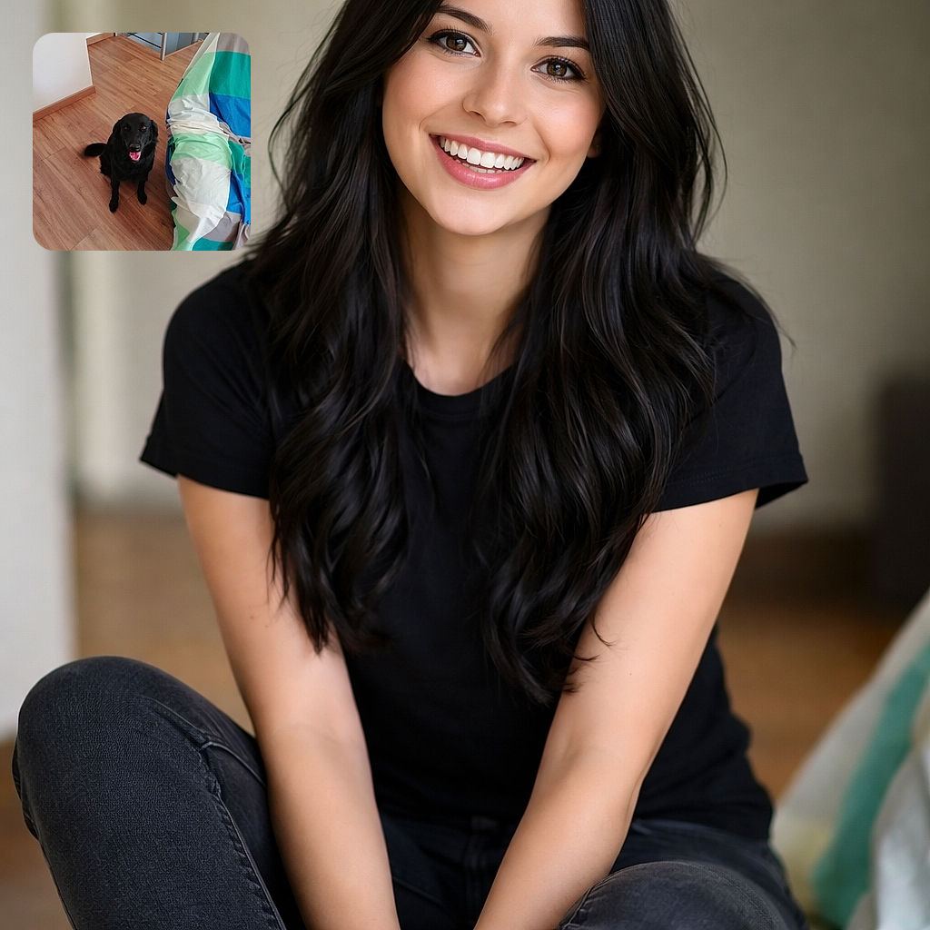 A happy black dog sits on a wood floor next to a brightly colored blanket-draped couch, tongue out and eyes gleaming like it just told a great joke — domestic bliss with a side of tail-wagging enthusiasm.