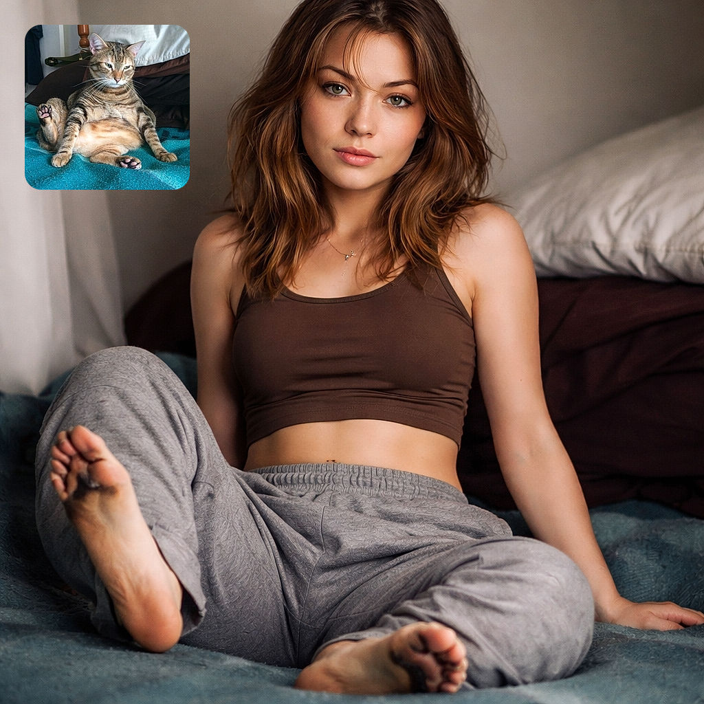 A chubby tabby lounges like a tiny, judgmental monarch on a turquoise blanket, one leg up showing adorable pink toe beans; pillow and headboard in the background, eyes half-closed as if plotting snacks.