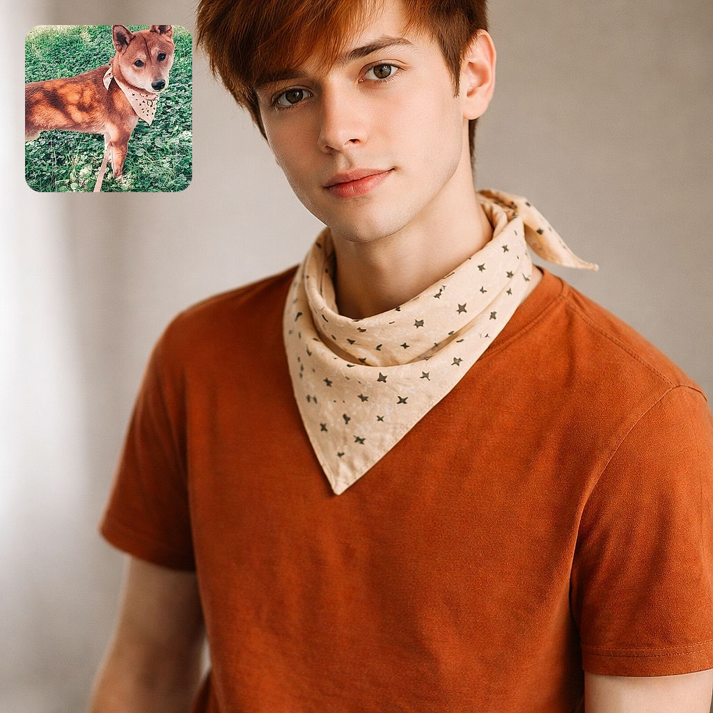 A charming Shiba Inu stands alert on a lush green patch, wearing a cute patterned bandana and leash, captured in a cozy fall-themed Instagram post with visible social media interface and hashtags.