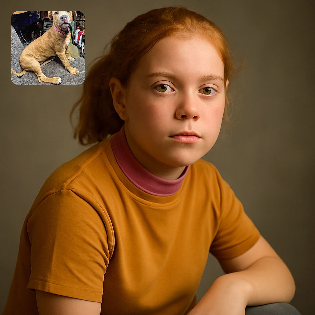 A charming tan puppy with a pink collar sits attentively on a gray cushioned chair in a cluttered room filled with tools and various objects, giving off a vibe of curious innocence amidst the chaos.
