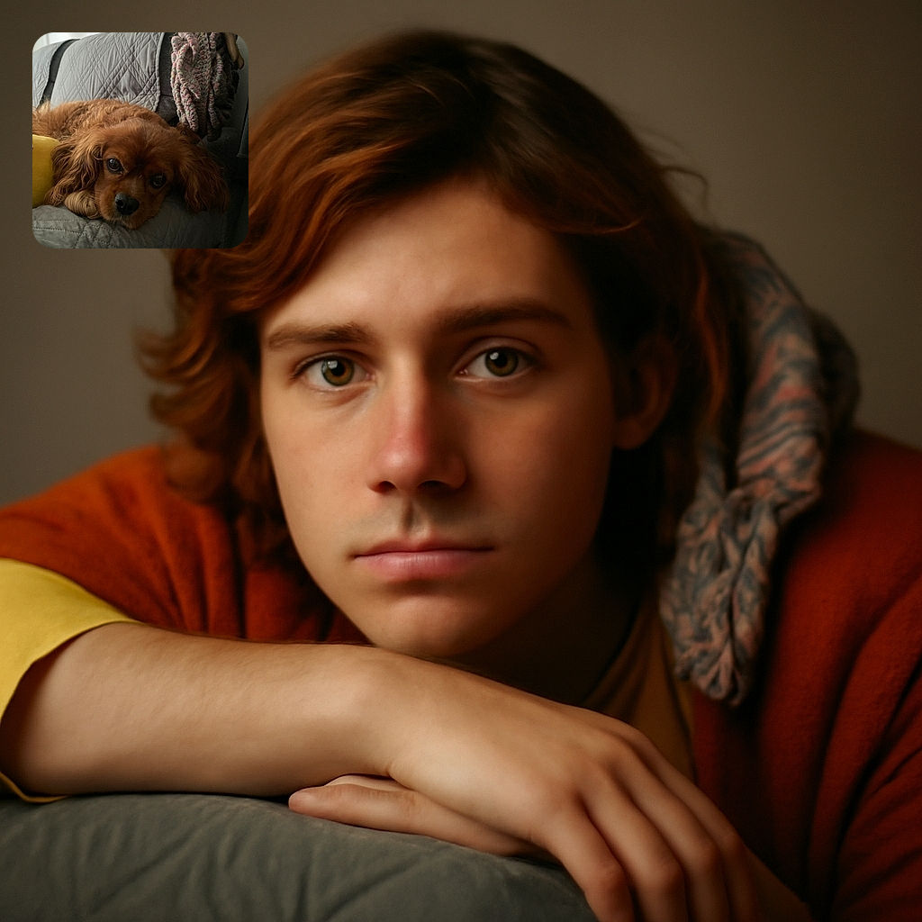 A cozy brown dog lounges on a quilted gray couch, eyes wide and soulful, as if plotting the next big nap or snack heist. The soft lighting and close-up focus make it feel like a warm, quiet moment of doggy contemplation.