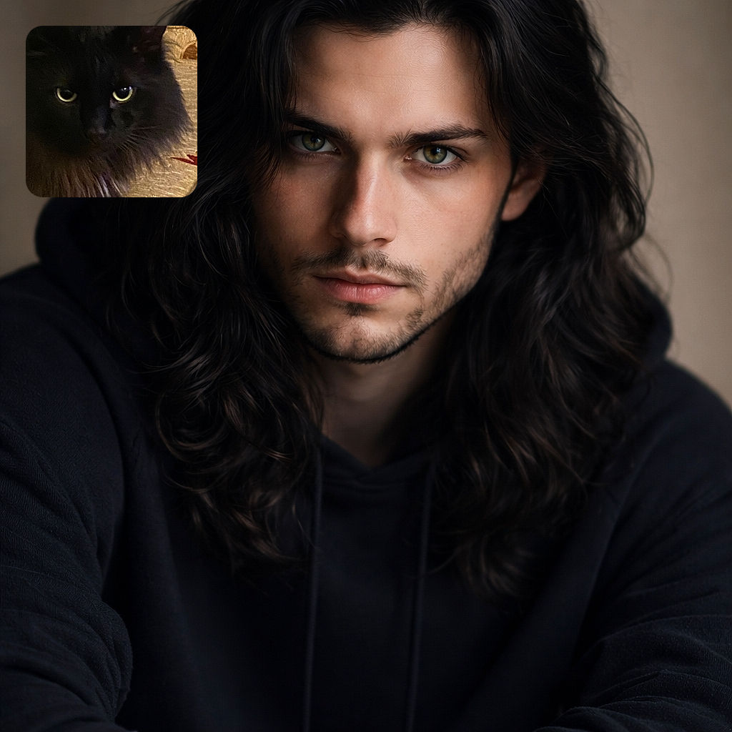 A fluffy black cat fills the frame like a furry little panther, yellow eyes glowing and whiskers splayed while it lounges on a patterned cushion — simultaneously regal and suspiciously ready for snacks.