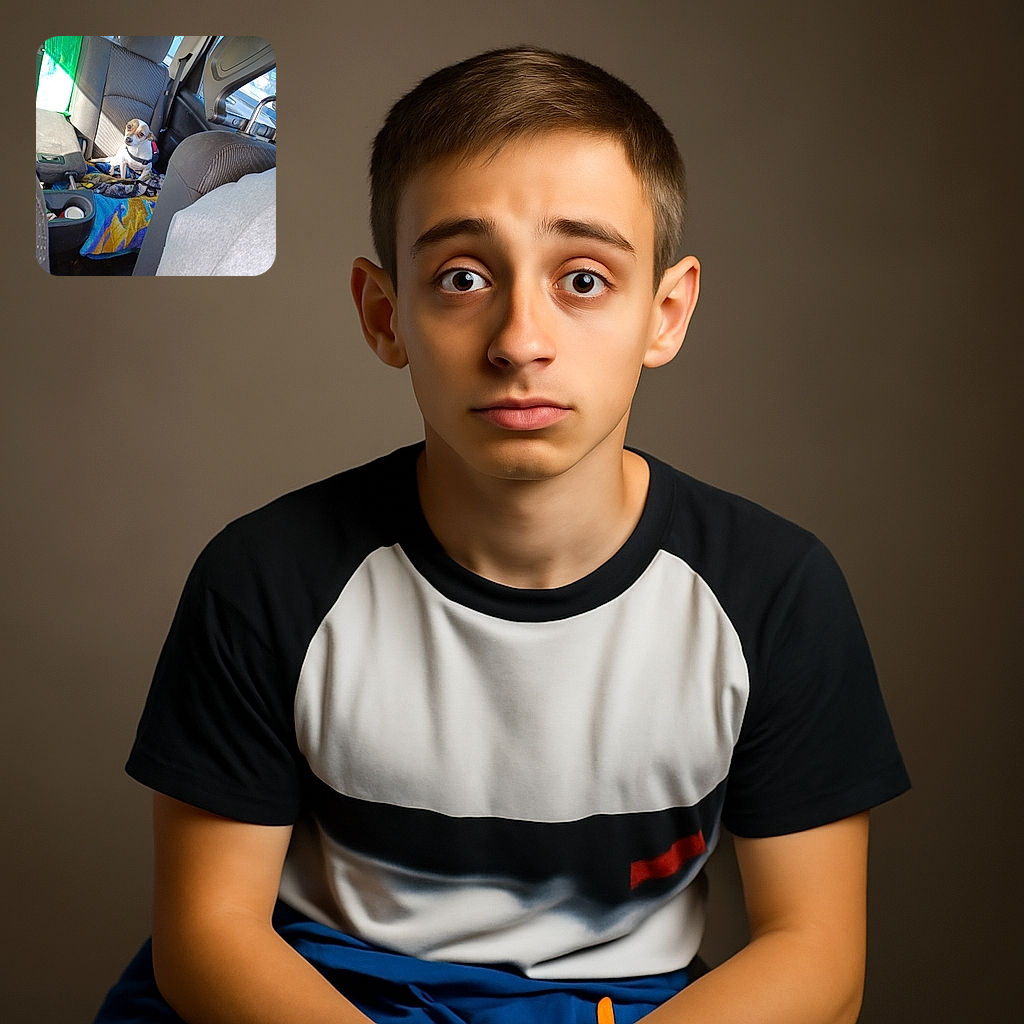 A small dog with a curious expression is sitting on a colorful blanket in the backseat of a car, surrounded by typical car interior elements and some clutter on the floor.