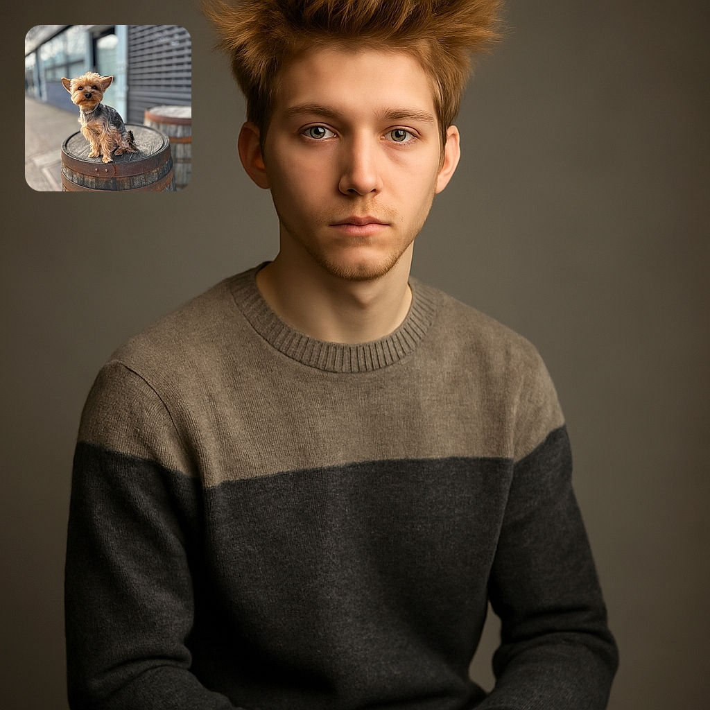 A tiny, fluffy dog with a shiny collar sits proudly atop a rustic wooden barrel, striking a pose that says 'I own this street.' The background blurs softly, highlighting the pup's adorable fur and confident attitude in an urban setting.