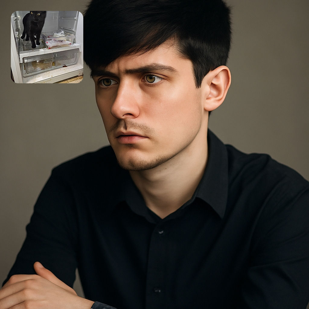 A curious black cat explores the inside of a messy refrigerator, looking slightly confused about the chilly new territory. The fridge shelves are cluttered and stained, adding a humorous touch to the feline's unexpected adventure.
