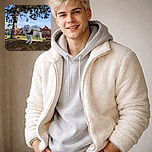 A fluffy white dog with a harness stands proudly on a small hill under a pine tree, with colorful houses and a bright blue sky in the background, looking ready for an adventure.