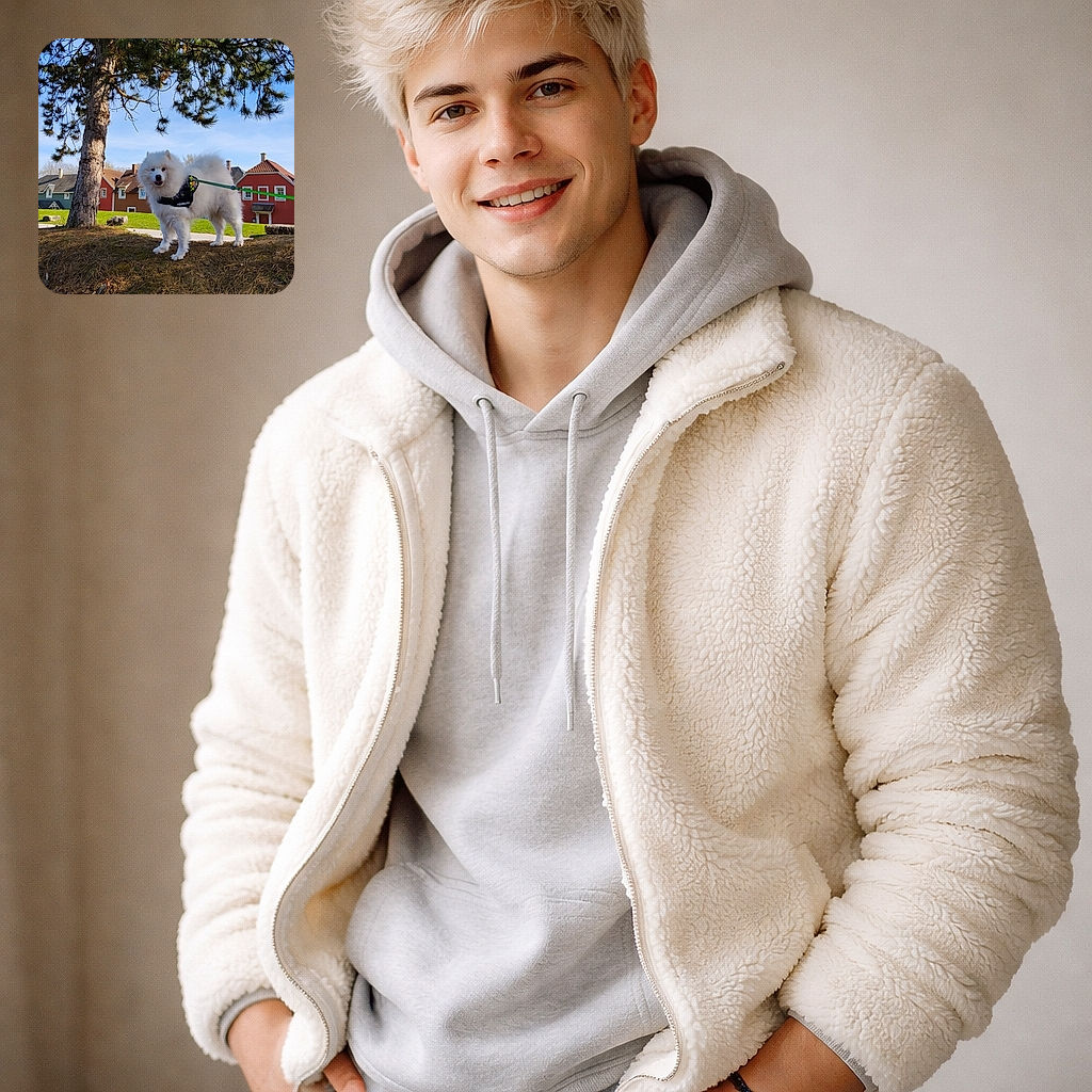 A fluffy white dog with a harness stands proudly on a small hill under a pine tree, with colorful houses and a bright blue sky in the background, looking ready for an adventure.