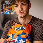 A curious puppy peeks over a giant bag of cheesy puffs, looking like it's about to dive into a snack attack on a colorful sunflower quilt. The bright orange and blue snack bag almost steals the spotlight from the adorable pup's big eyes.