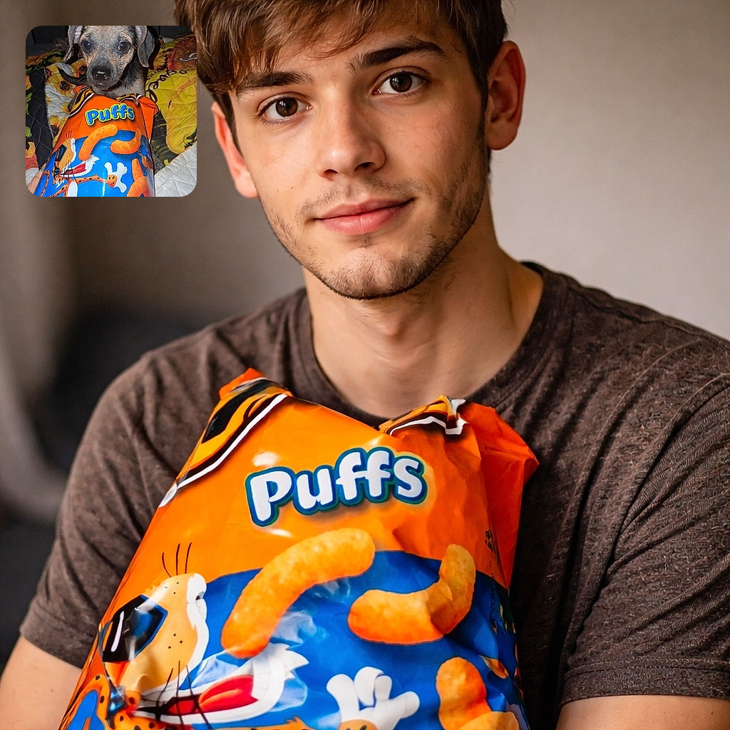 A curious puppy peeks over a giant bag of cheesy puffs, looking like it's about to dive into a snack attack on a colorful sunflower quilt. The bright orange and blue snack bag almost steals the spotlight from the adorable pup's big eyes.