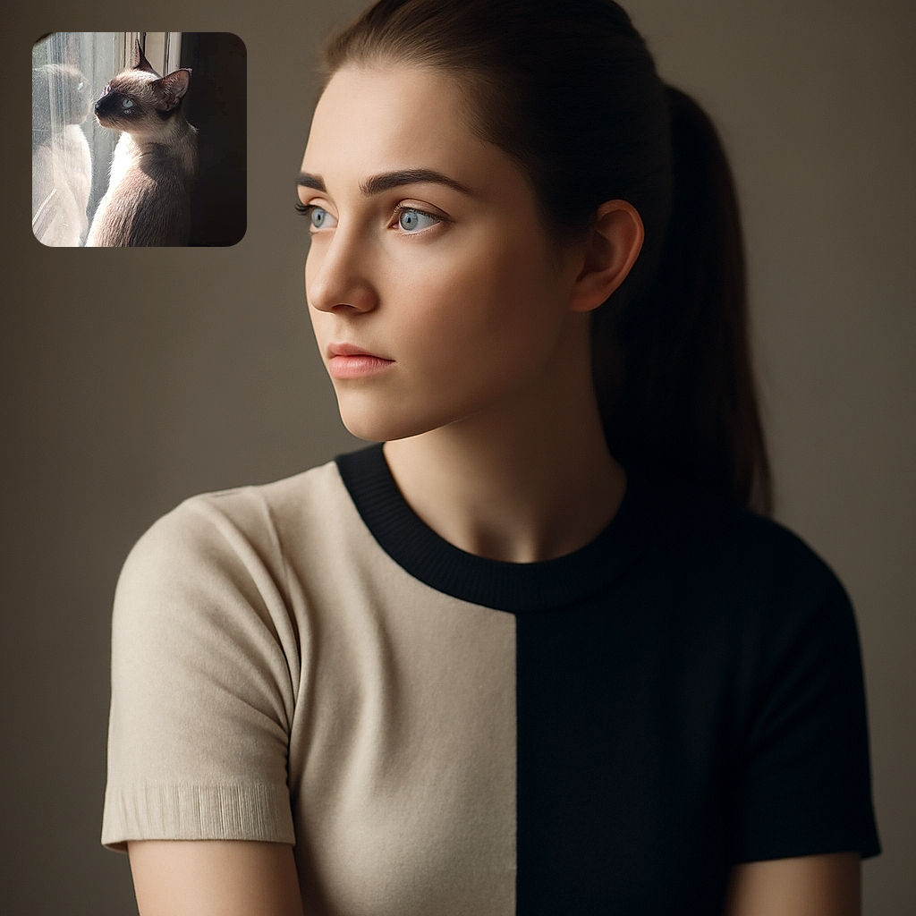 A serene Siamese cat gazes thoughtfully out a window, its reflection softly mirrored in the glass, bathed in gentle natural light that highlights its sleek fur and striking blue eyes.