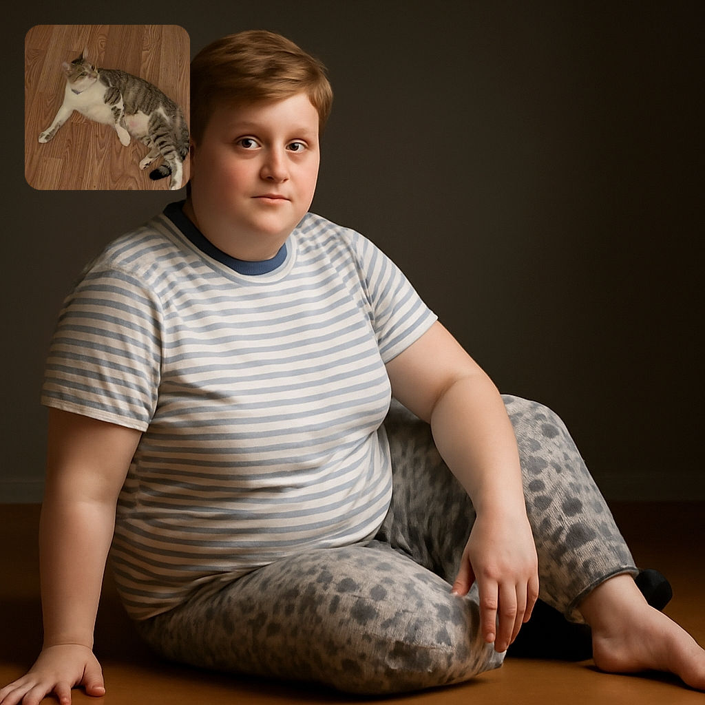 A relaxed tabby cat with white paws and belly lounges on a wooden floor, looking off to the side with a calm demeanor. The warm-toned floor contrasts with the cat's soft fur, creating a cozy indoor scene.