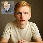 A cream-colored cat with striking blue eyes looks up curiously while standing on a rumpled gray bedspread, with soft natural light highlighting its delicate fur and whiskers.