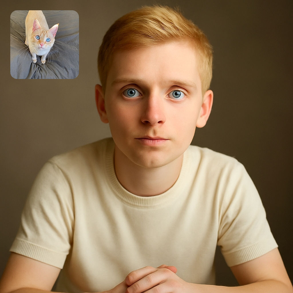 A cream-colored cat with striking blue eyes looks up curiously while standing on a rumpled gray bedspread, with soft natural light highlighting its delicate fur and whiskers.