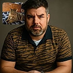 A cozy tabby cat lounges on a black-and-white patterned blanket, giving a calm and slightly curious look. The background shows a wooden dresser and some household clutter, adding a casual, lived-in vibe to this candid pet portrait.