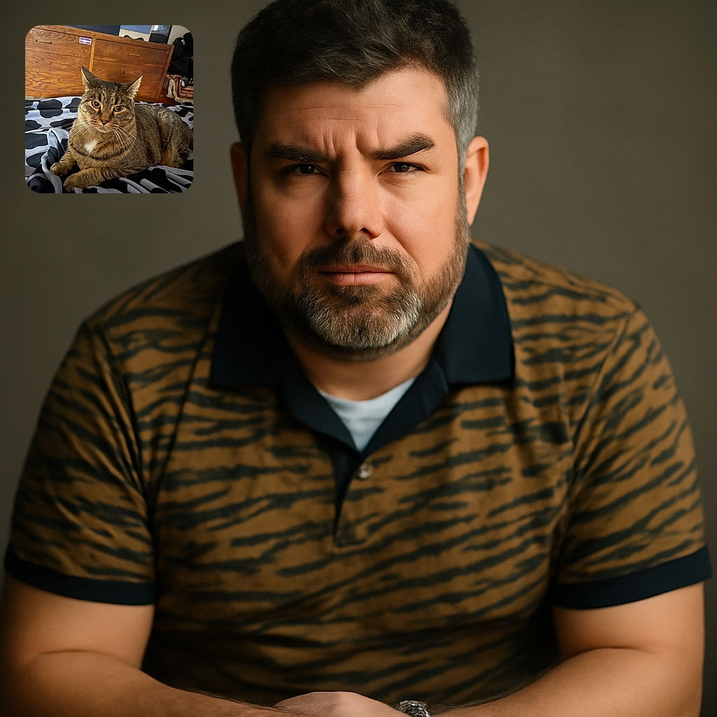 A cozy tabby cat lounges on a black-and-white patterned blanket, giving a calm and slightly curious look. The background shows a wooden dresser and some household clutter, adding a casual, lived-in vibe to this candid pet portrait.
