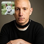 A charming white Bull Terrier with a distinctive black patch on its ear lounges in a field of clover flowers, its calm eyes staring directly into the camera, capturing a serene moment in nature with soft, natural lighting and a blurred green background.